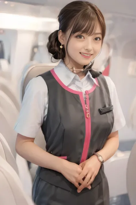 (masterpiece:1.2, Highest quality:1.2), 32k HDR, High resolution, (alone、1 girl)、(On the roof of a building、Professional Lighting)、daytime background、(Realistic style of JR Gran Class crew uniform)、Short sleeve blouse、a scarf around the neck、(JR Gran Class...