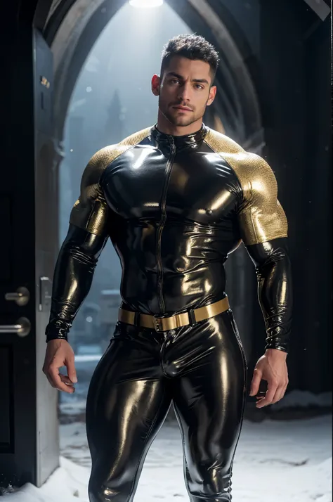 ultra high res, best quality, photo, 4k, (photorealistic:1.4), cinematic lighting, a muscular man, abdominal muscle, wearing black shiny tight latex crop top,gold black tight latex leggings,cyberpunk environment, snow and environment in the background, cat...