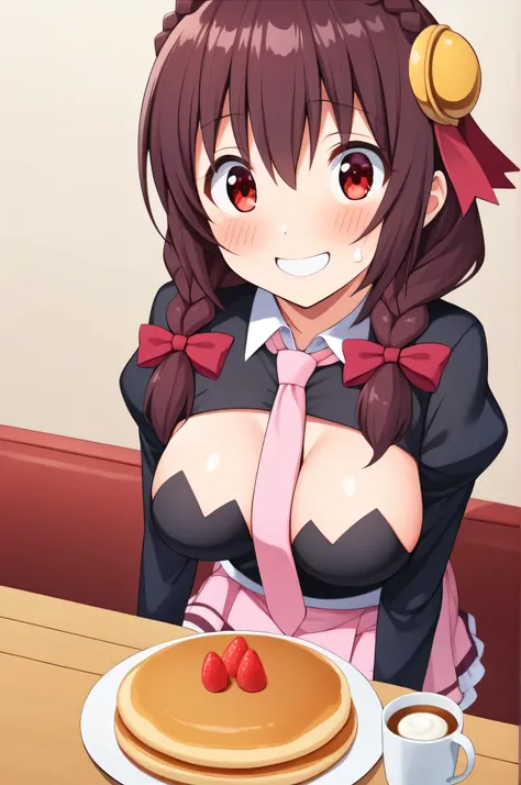 alone, One girl, Yunyun, (Surprised smile:1.5)、(blush:1.5)、 (Cream on my cheekouth open、View your viewers, Crown braids of the same color as your hair, Red Eyes、hair ornaments, Hair Ribbon, Pink tie, Long sleeve, Pink Skirt, Knee socks, Cleavage,  Sitting ...