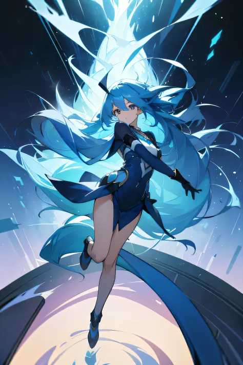 Dynamic whole body of a girl with long blue hair