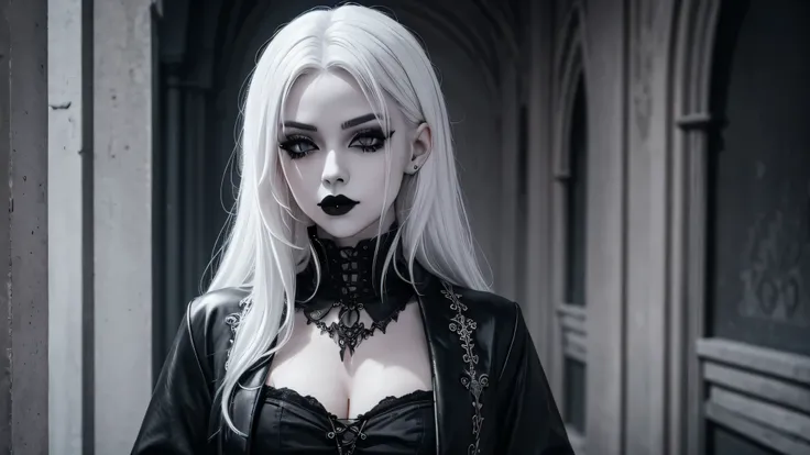 one girl, White hair, grey eyes, black lipstick on lips, Gothic Clothing