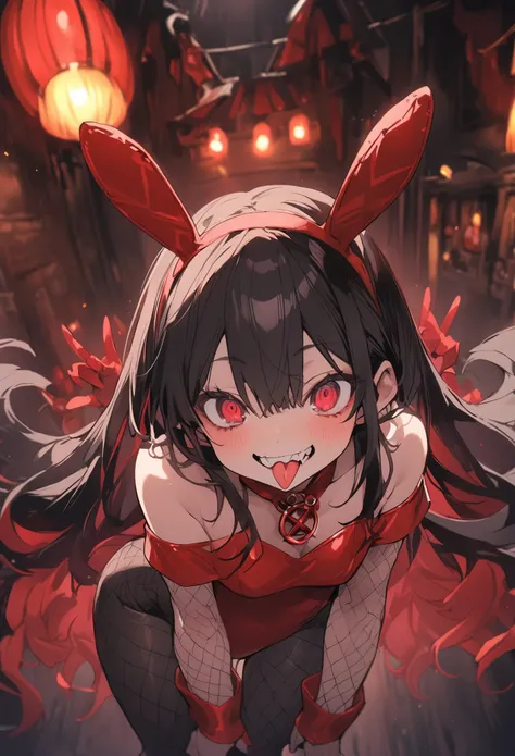 first-class、Illustrated style、Beautiful girl alone、Look down、tall、Sticking out tongue、Jagged teeth、Peace sign with both hands、Straight long black hair with red mesh、Big ruby eyes、Slanted eyes、Black off-the-shoulder bunny suit、Black fishnet stockings、Dim Ta...