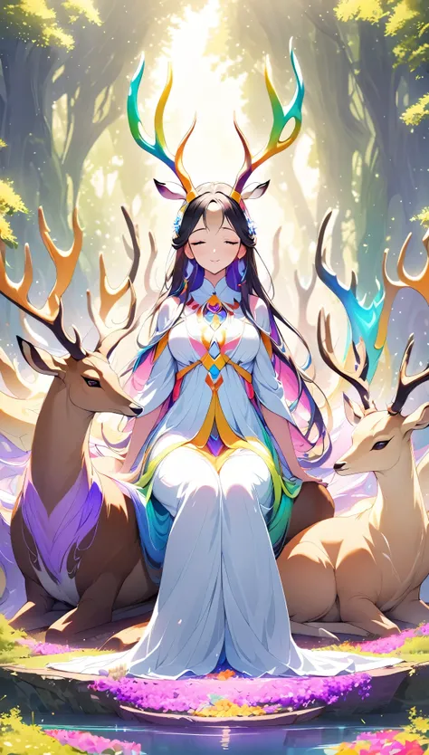 Seven-Colored Deer Guardian，Huge and beautiful seven-colored deer，A peaceful and dreamy scene，A woman in a princess dress sits next to a giant seven-colored deer，The woman is very sexy，Detailed facial details，The background is a magical forest full of spir...