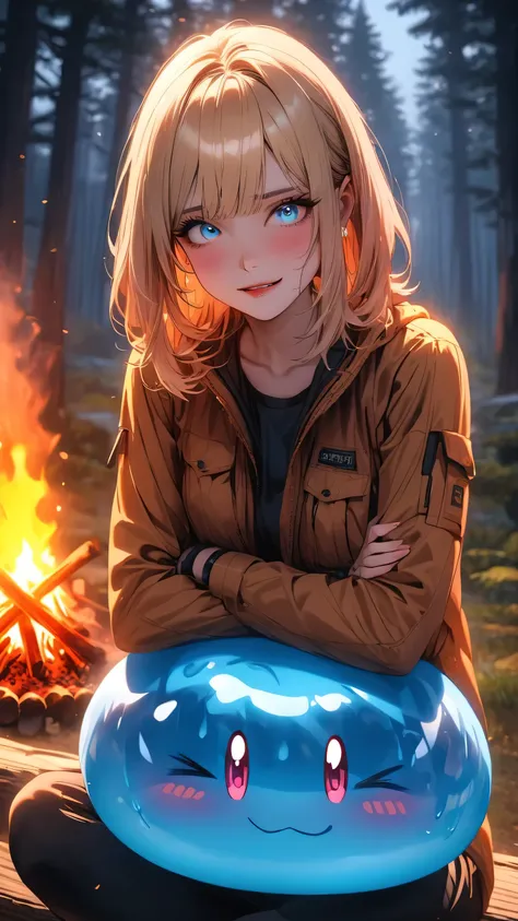 highest quality, masterpiece, best quality, 1 girl, solo,
BREAK
dramatic lighting, glowing, glowneon, moonlight,
BREAK
Forest, bonfire , 
BREAK
Hug slime, sitting on log, upper body 
BREAK
blue eyes, medium hair, blonde hair:1.5, straight hair, adventure c...