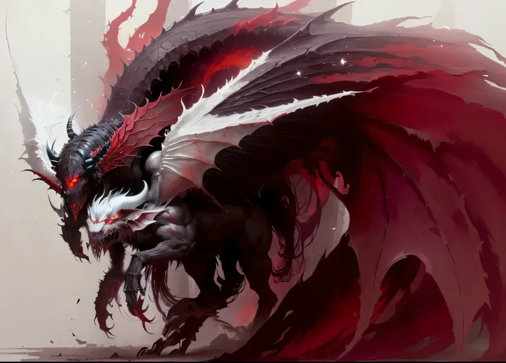 arafed image of a monster with a red eye and a long tail, Devil white horns, From Overlord, monster, Horns and red eyes, cosmic horror entity with wings, Hetulu, monster, With dark fantasies, Mutation Art, one a monster - like creature, one a monster-like ...