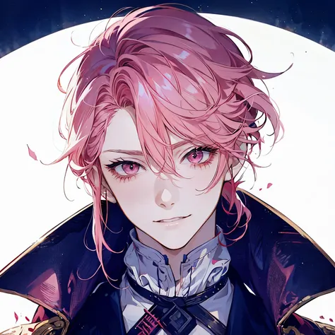 Highest quality、Highest quality、Pink hair and sharp red eyes、ponytail、Beautiful adult man、smile、Thief