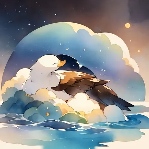 A brown duck sleeping on a cloud、small、Watercolor、Fantasy、night、Fantasy、Dream Painting、Highest quality、Anime Background、masterpiece、Very detailed、Great art、Atmospheric anime、Starry Sky、Detail enhancements、Fantasy風景画、Fantasyナイト、A moment of bliss、fluffy