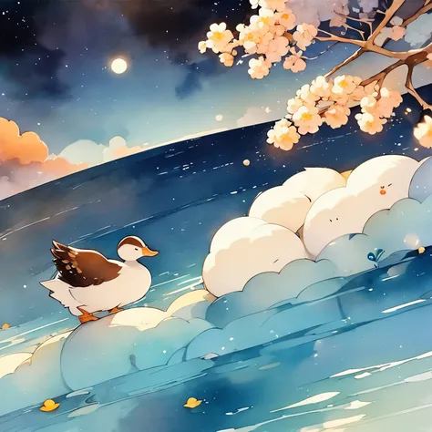 A brown duck sleeping on a cloud、small、Watercolor、Fantasy、night、Fantasy、Dream Painting、Highest quality、Anime Background、masterpiece、Very detailed、Great art、Atmospheric anime、Starry Sky、Detail enhancements、Fantasy風景画、Fantasyナイト、A moment of bliss