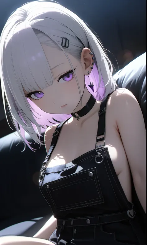 15-year-old girl, ((she has some silver earrings in her ears... black choker、sexy punk fashion with a black base and lots of exp...