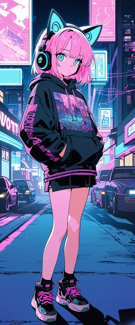 (masterpiece), (Best illustrations),One teenage girl, cat ears, 90s wind,Retro、2d animation, Cel painting, pastel colour, cyber punk、City of night, Neon Town, hoodie, headphone、The inside color is pink,Emo,Night view, Mellow, Lo-fi hip hop,  (highest quali...