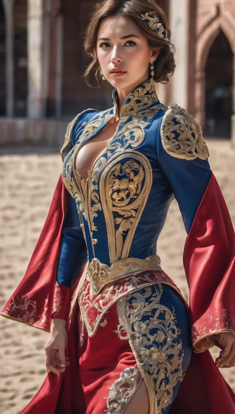 Highest quality, Realistic, photoRealistic, Award-winning photography, (Intricate details, Bullring: 1.2), (Subtle details), (Intricate details), (Cinematic Light, Super sexy short hair woman, Bullfighter, Bullring, huge firm bouncing chests, sexy long leg...