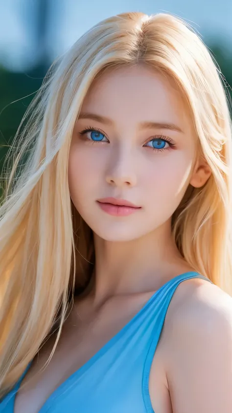 Beautiful Scandinavian girl with bright beautiful shiny blonde hair、A uniquely beautiful girl、Very beautiful super long straight silky hair、Bangs between the eyes、blonde hair above eyes、片blonde hair above eyes、Such beautiful, big, bright blue eyes、Very big...