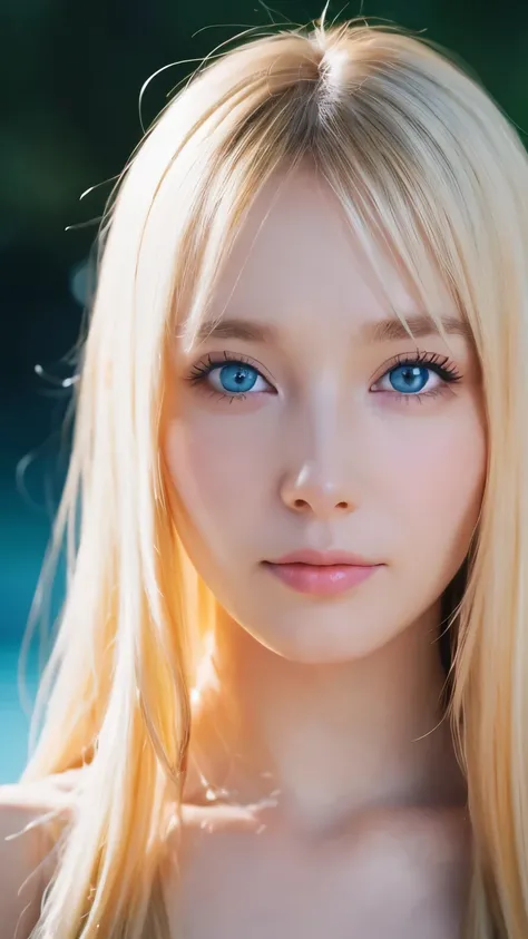 Beautiful Scandinavian girl with bright beautiful shiny blonde hair、A uniquely beautiful girl、Very beautiful super long straight silky hair、Bangs between the eyes、blonde hair above eyes、片blonde hair above eyes、Such beautiful, big, bright blue eyes、Very big...
