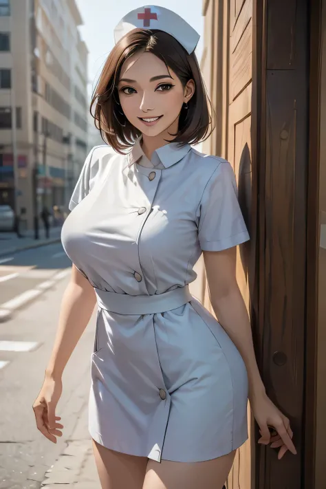 ((1 female, 40 years old)), ((Nurse cap and short nurse uniform)), masterpiece, ((Big Breasts)), grin, (Sexy pose), (very tanned and shiny skin), (Skin dents), photoRealistic, Realistic, alone, photoRealistic, Highest quality, Ultra-high resolution, Yura S...