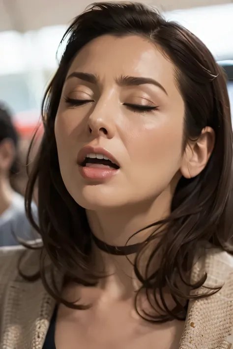 Beautiful Japan actress,Flying debris,Award-winning photo, Very detailed, Edge Orgasm, Woman with open mouth and closed eyes , Sweaty skin、Lighting that highlights shiny sweat{{{Spread the word }}}, Black Hair、Browsing Caution,{{{{Crowd of elderly male spe...