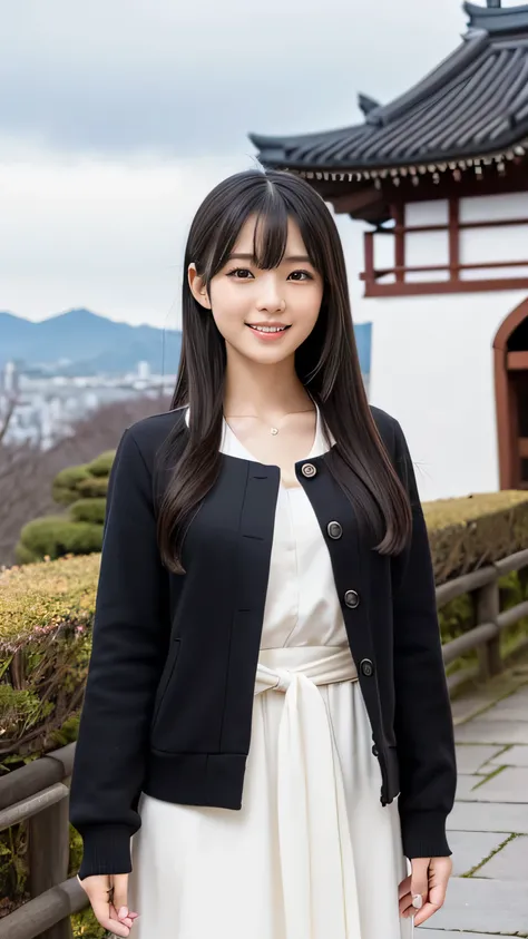 Create an ultra-realistic image of a 21-year-old Japanese woman named Kotone visiting Sendai Castle (Aoba Castle). She has extremely long, perfectly straight black hair that flows down to her waist, with blunt bangs that cover her forehead. Her eyes are la...