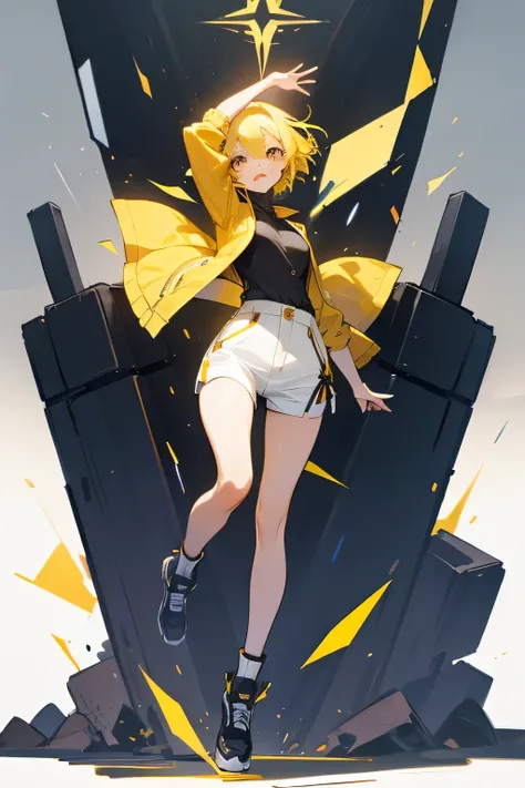 Full body of a lively girl with short yellow hair