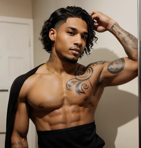 Lightskin masculine male with brown eyes with tattoos and short black wavy hair