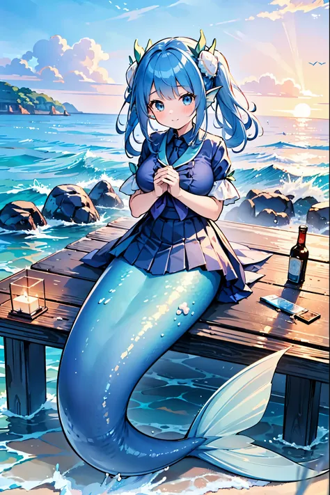 masterpiece, best quality,(Full fingers),A woman,Mermaid,Large Breasts,Head fin,Blue shirt,Blue Skirt,藍色的Mermaid尾巴,full-body shot,ocean,Beach,charming脸(Kawaii, charming,Soft)