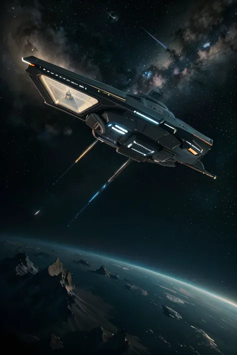 A spaceship flying through the galaxy with stars and bright stars., Concept art inspired by Eve Rider., ผู้ชนะการประกวด cg Society, space art, Mighty beautiful space sci-fi,, Sci-fi movie shock, Eve Online Movies still available, Great spaceship scene, sci...