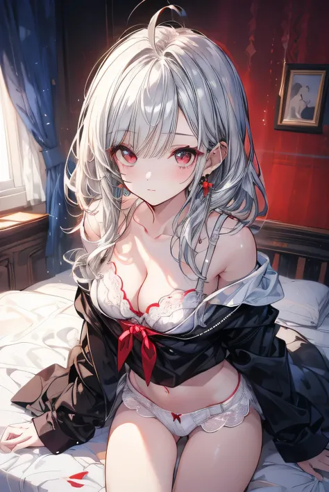 Masterpiece、Anime Coloring、Ultra fine、16K、Highest quality、((Silver Hair Mesh))((Elven pointed long ears))、((White underwear、In underwear))、blush、Looking up、Medium Hair、bed、Stylish room、((Medium chest))、((Cleavage))、((detailed eyes))、((lie on bed))、Red eyes...