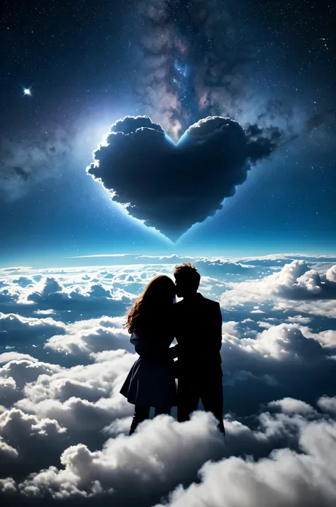 space, among the clouds there is a heart destroying itself, that expresses a sad song about the breakup of a love relationship between a woman and a man 