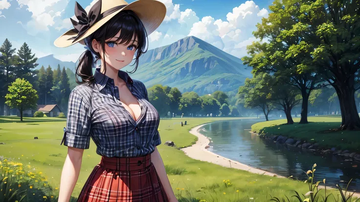 1girl, solo, rural landscape, village, trees, sun, clouds, fantasy, black hair, ponytail, large breasts, button down shirt, ((red checked shirt)), ((short sleeved shirt)), ((unbuttoned shirt)), popping buttons, unbuttoning buttons, cleavage 1:3, blue eyes,...