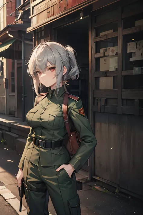 20-year-old sexy,cool,Adult women,Soviet officer,short silver half updo shaggy Cut hair,red eyes.((tsurime)),big breasts,a steady person,1940s,standing,slant eyes,tsurime,wearing a dark green military uniform and trousers,hands in pockets.