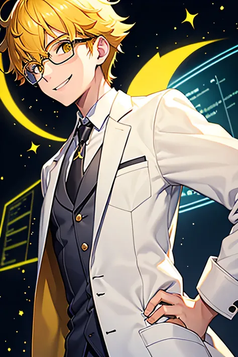 16 yo, assistant profesor, yellow hair, genius people, scientist  , wearing a lab coat, the person is funny, yellow eyes, , thin body, middle-parted hair, smiling face, glasses, vigorously