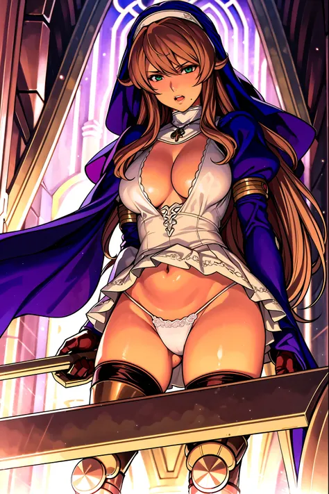 sigui (queens blade r), nun, 20yo,young female, brown long hair, bangs, green eyes, purple cape on her head, purple outfit, cleavage cutout, cleavage, puffy sleeves, jewelry, necklace,(skirt lift,upskirt),(white panties),  break background church