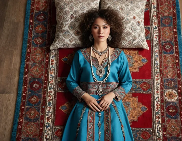 A full-body shot from a creative bird’s-eye view of a Turkic woman with curly hair, wearing a platinum chain and pendant with a traditional dress. She is laying on a bed of colorful, hand-woven rugs that form a rich tapestry pattern around her. The intrica...