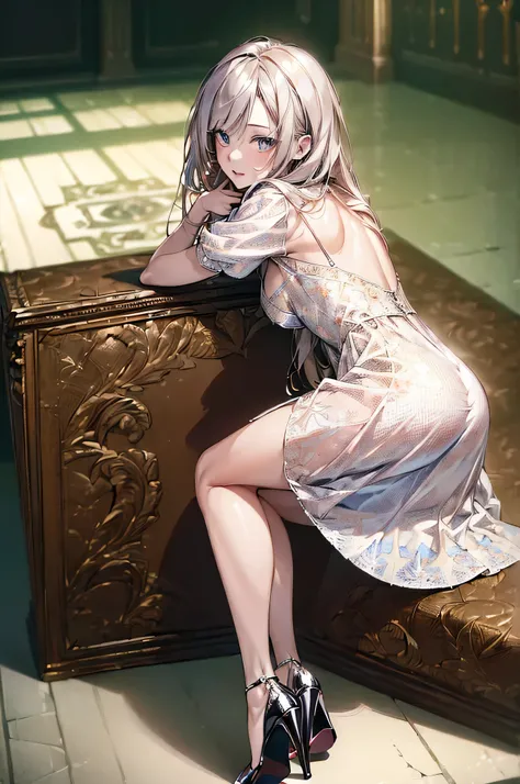 (masterpiece, high resolution, best quality,highres:1.5), CG, illustration, delicate face, cute face, shiny hair, shiny skin, sparkling pupils, Latex dresses,High heels,Patterned dragonfly stockings, looking back, silver hair, 