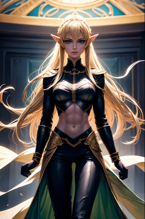 8k,An elf woman who serves as the vice-commander of the Brave Knights..,so beautiful(Like the real thing),Green Eyes,Elf Ears,Blonde Straight Hair,Muscular and slim body,Strongly defined abdominal muscles,Luxurious black exterior,Luxury Black Combat Trouse...