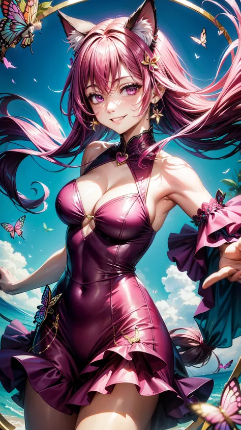 Magenta hair, older woman, cat ears, long hair, smiling face, sexy outfit, butterflies, floating hearts, tropical background, teal, pink, and gold dress clothes 