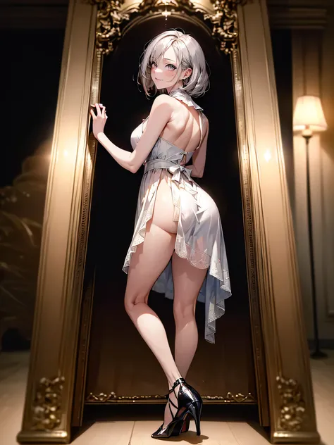 (masterpiece, high resolution, best quality,highres:1.5), CG, illustration, delicate face, cute face, shiny hair, shiny skin, sparkling pupils, Latex dresses,High heels,Patterned dragonfly stockings, looking back, silver hair, 