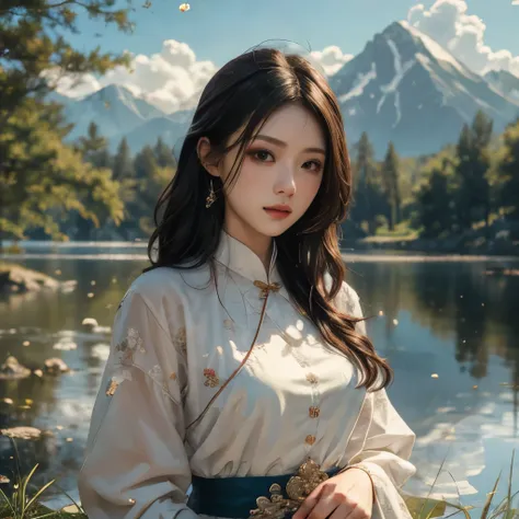 ((masterpiece))), (((best quality))), ((Extremely detailed)), (Highly detailed computer illustration), ((Very delicate and beautiful)),Cinema Lighting, bloom, Tree, white Leaf, A woman, Black Hair, put, Chinese clothes, cloud, cloudy, reflection, water, Su...