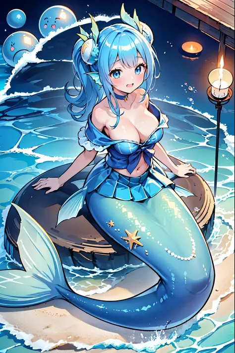 masterpiece, best quality,(Full fingers),A woman,Mermaid,Large Breasts,Head fin,Blue shirt,Blue Skirt,藍色的Mermaid尾巴,full-body shot,ocean,Beach,charming脸(Kawaii, charming,Soft)