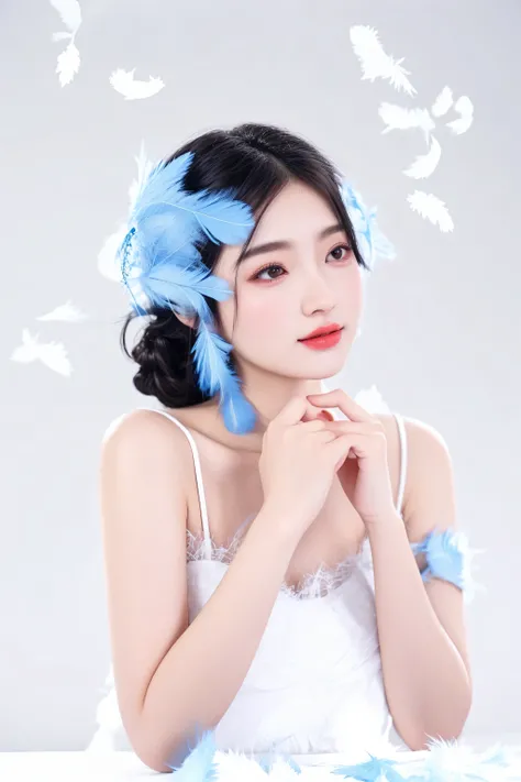 there is a woman with a blue feathered headband and a white dress, beautiful young korean woman, girl with feathers, chengyou liu, xintong chen, 中 元 节, beautiful south korean woman, wenfei ye, sha xi, blue feathers, gorgeous young korean woman, yun ling, g...