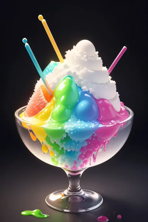 ((Delicious looking shaved ice))、((Colorful slime candy sprinkled on top))、Beautiful glassware、Water Drop、fruit、 food, food focus、 cute、pastel colour、Sparkling、No humans、White Background、Simple Background、wallpaper、