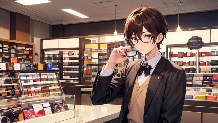 I will design a YouTube thumbnail image featuring an eyeglass store clerk, inspired by Daisuke Sakuma or Masaki Suda. He sports square black-rimmed glasses, has brown eyes, and vibrant reddish-brown hair, with a range of expressions. The jawline is rounded...