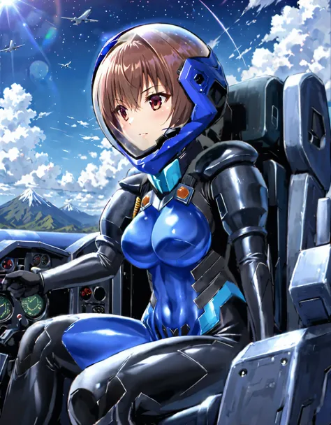 ((Female pilot in the cockpit of a reconnaissance plane), (airplane cockpit), (in flight), (10000 feet altitude)、(sky view):1.7),, short hair, street, emo, BLACK hair, white eyes, eyeliner, apocalypse, girl, nside the (cockpit:1.9) of a (futuristic spacesh...