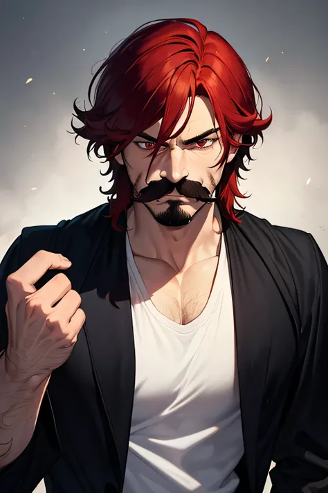 Man, 30 yo, hero, red hair, medium straight red hair , red eyes, strong people, athletic body, wearing a black robe, wearing a white shirt, hairy hands, fighting spirit, sordid, thin black moustache, hair styled backwards, scars on the face 