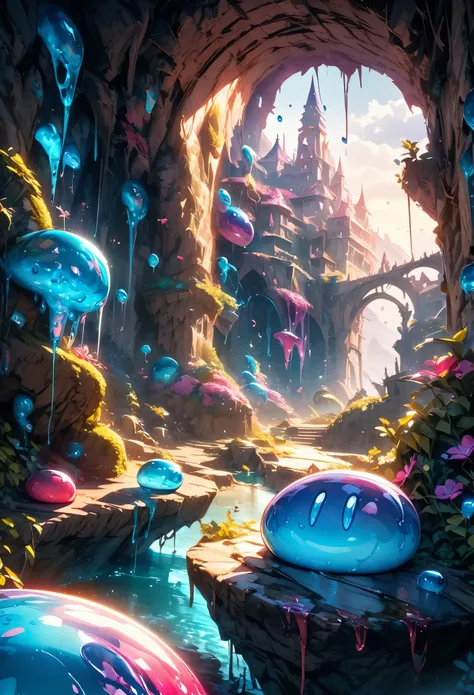 Slime、Writhing Mucus、Fantasy art scene、Slimy creatures、Viscous creeping liquid、Detailed fantasy creatures、Detailed slimy texture、Detailed viscous liquid、Fantasy Landscape、Magical atmosphere、Bright colors、Intricate details、Surreal environment、Mystical eleme...