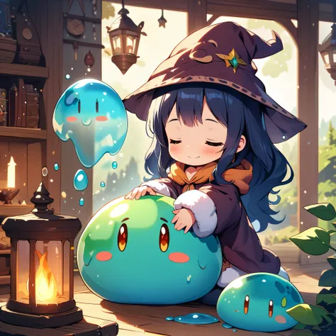 simple, Deformation, ((Slime and Girl, Wizard Girl)), A warm and cozy atmosphere, bright, Fantasy art, Children&#39;s book illustrations, Watercolor, Soft Focus:1.2, smile, simple背景, masterpiece:1.2.