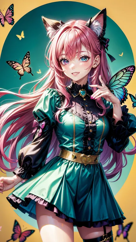 Magenta hair, hazel eyes, older woman, hair bows, cat ears, long hair, smiling face,outfit, butterflies, teal and gold outfit, butterfly background 