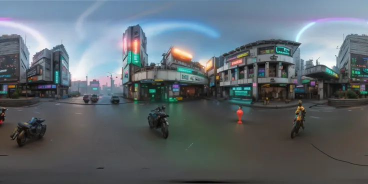 cyberpunk city, neon lights, distopic, trafic, octane render, hyperdetailed, 360 degrees panorama