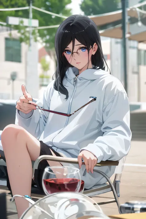 Masterpiece, high res, {Thanaka_Asuka_euphonium sound:1.15}, black_hair, long_hair, glasses, light blue_eyes, Blush, red frame_glasses, Seraph, beyond the edge_glasses, semi borderless_glasses, hair_between_eyes, 