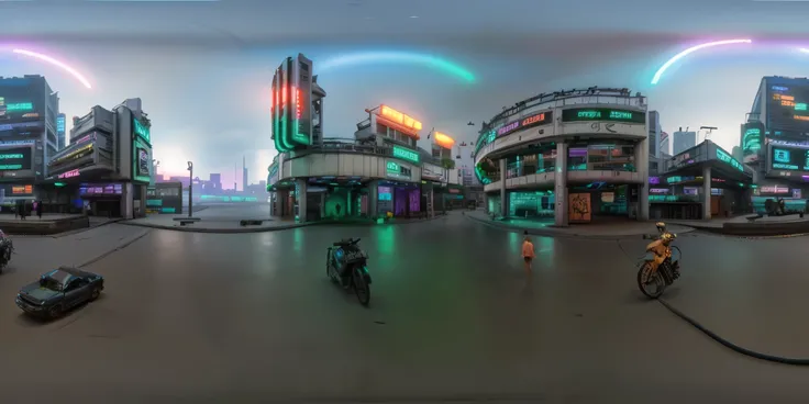 cyberpunk city, neon lights, distopic, trafic, octane render, hyperdetailed, 360 degrees panorama