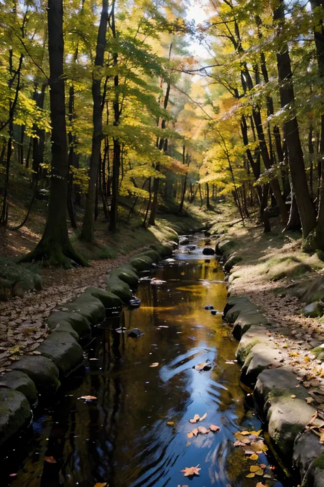 Autumn colorful forest. The sun shines brightly through the trees. A small stream flows in the forest. 