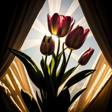 a tulip flower, (surrounded by soft light, direct light, backlight, cinematic lighting, dramatic light, divine light:1.2),